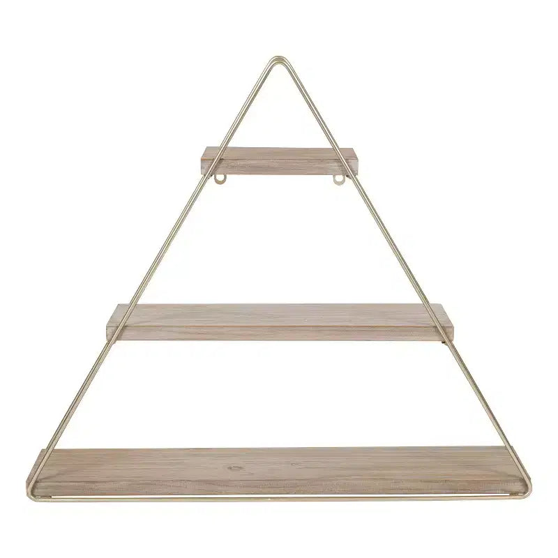 Scaffale da parete a tre ripiani in legno e metallo, triangolare, naturale/oro