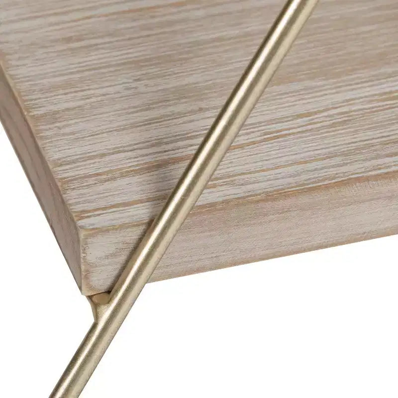 Scaffale da parete a tre ripiani in legno e metallo, triangolare, naturale/oro