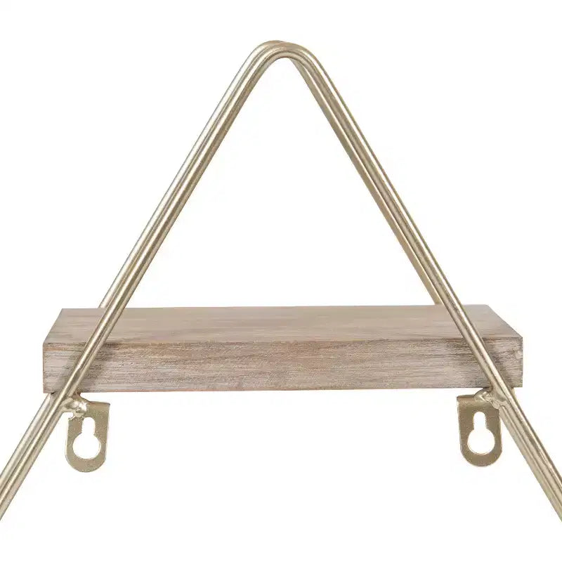 Scaffale da parete a tre ripiani in legno e metallo, triangolare, naturale/oro