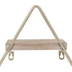 Scaffale da parete a tre ripiani in legno e metallo, triangolare, naturale/oro