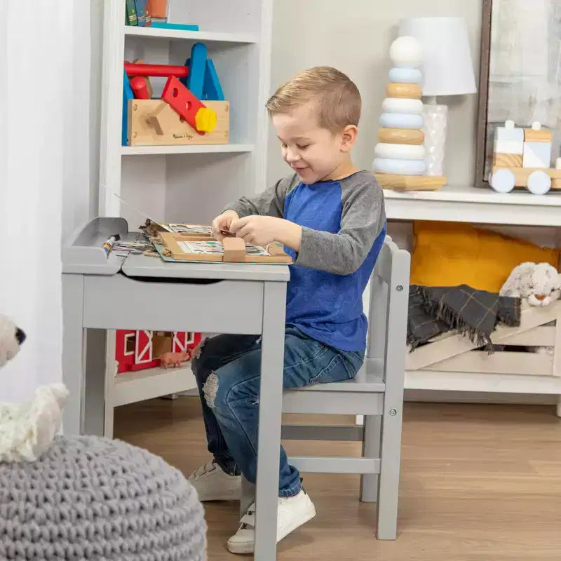 Scrivania e Sedia in Legno con Piano Sollevabile per Bambini - Grigio: Contenitore Integrato, Struttura in Legno