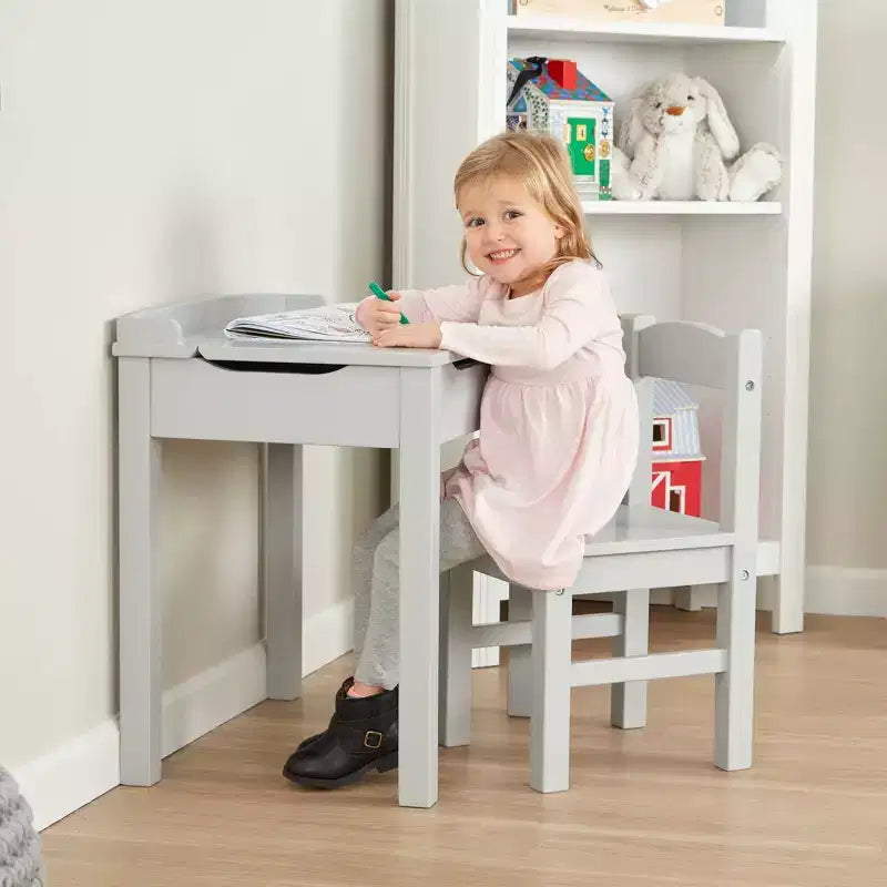 Scrivania e Sedia in Legno con Piano Sollevabile per Bambini - Grigio: Contenitore Integrato, Struttura in Legno