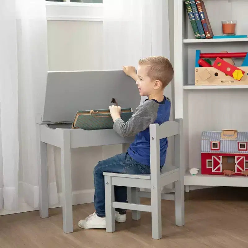 Scrivania e Sedia in Legno con Piano Sollevabile per Bambini - Grigio: Contenitore Integrato, Struttura in Legno