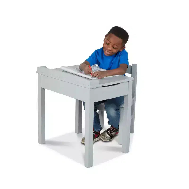 Scrivania e Sedia in Legno con Piano Sollevabile per Bambini - Grigio: Contenitore Integrato, Struttura in Legno
