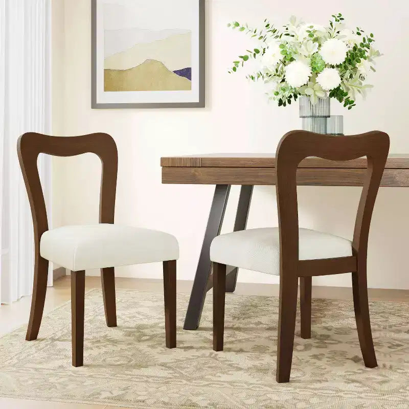 Set di 2 sedie da pranzo imbottite in legno di gomma con schienale aperto curvo beige/noce