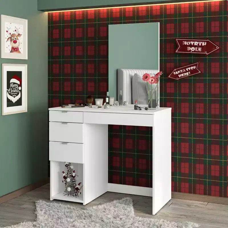 Toeletta con Specchio Bianco: Moderna Scrivania da Trucco, Forma Rettangolare, Materiale in Legno