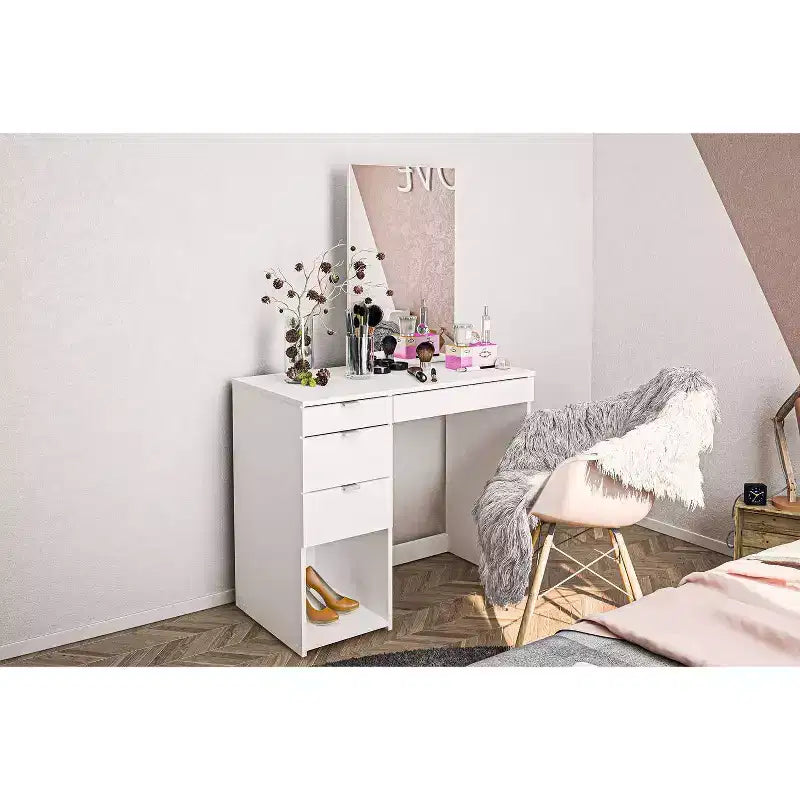 Toeletta con Specchio Bianco: Moderna Scrivania da Trucco, Forma Rettangolare, Materiale in Legno