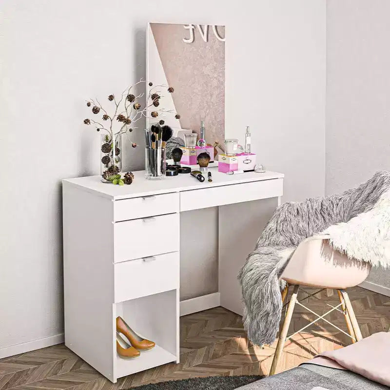 Toeletta con Specchio Bianco: Moderna Scrivania da Trucco, Forma Rettangolare, Materiale in Legno