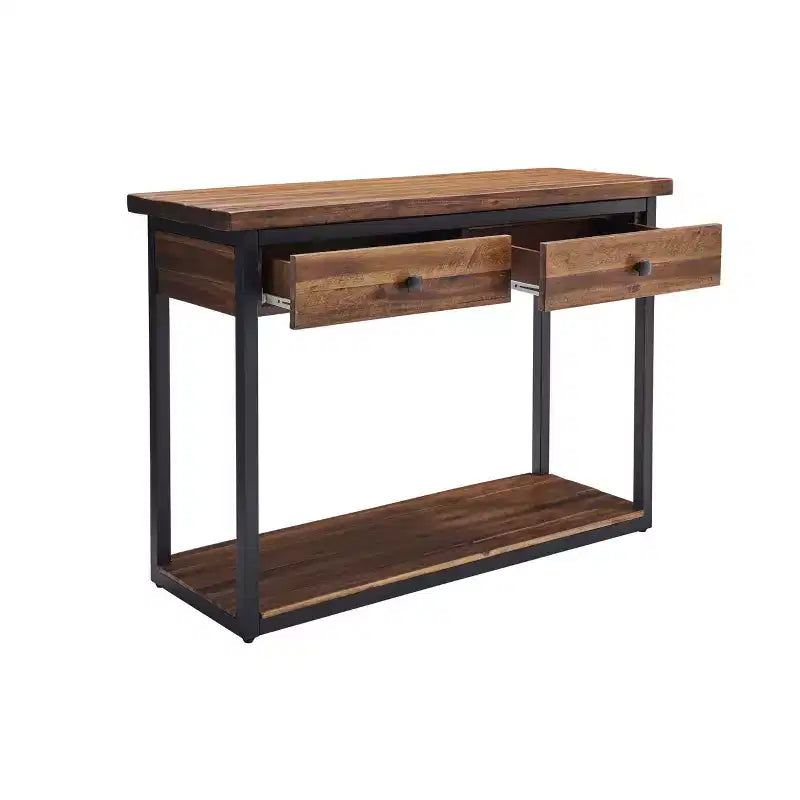 Tavolo Consolle Claremont in Legno Rustico con Due Cassetti e Ripiano Inferiore Marrone Scuro: Stile Industriale, Struttura in Metallo, Mobile Contenitore per Ingresso