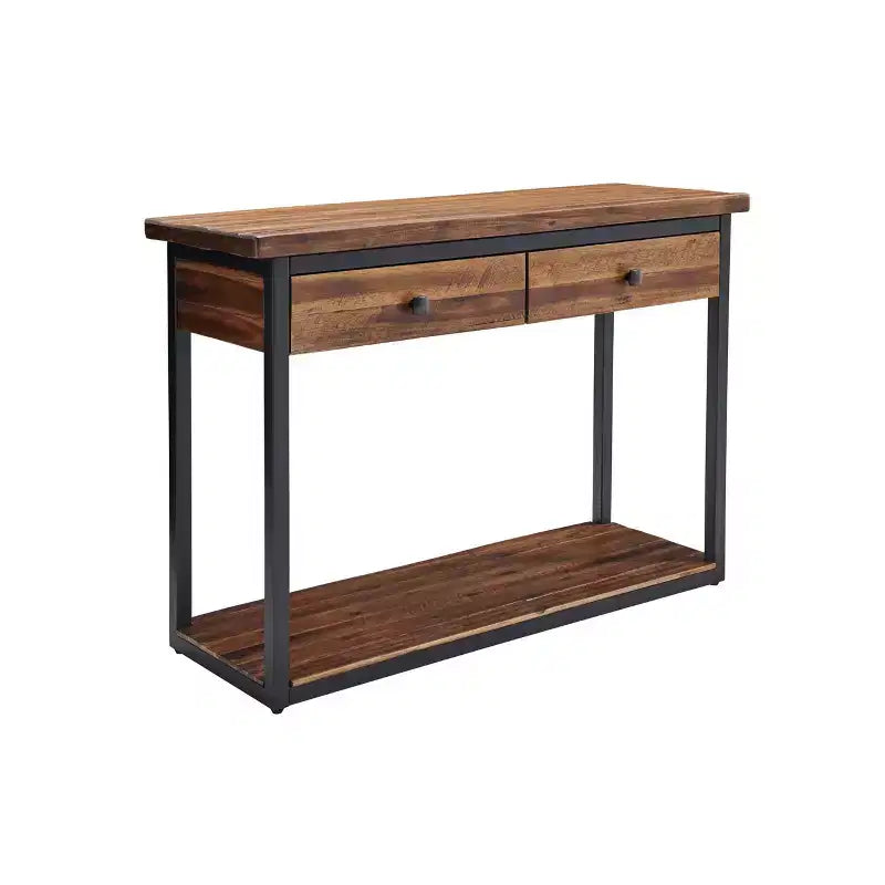 Tavolo Consolle Claremont in Legno Rustico con Due Cassetti e Ripiano Inferiore Marrone Scuro: Stile Industriale, Struttura in Metallo, Mobile Contenitore per Ingresso