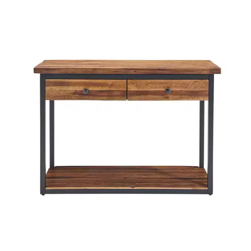 Tavolo Consolle Claremont in Legno Rustico con Due Cassetti e Ripiano Inferiore Marrone Scuro: Stile Industriale, Struttura in Metallo, Mobile Contenitore per Ingresso