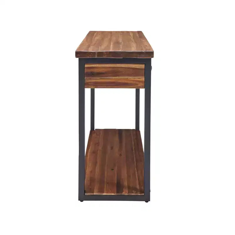 Tavolo Consolle Claremont in Legno Rustico con Due Cassetti e Ripiano Inferiore Marrone Scuro: Stile Industriale, Struttura in Metallo, Mobile Contenitore per Ingresso
