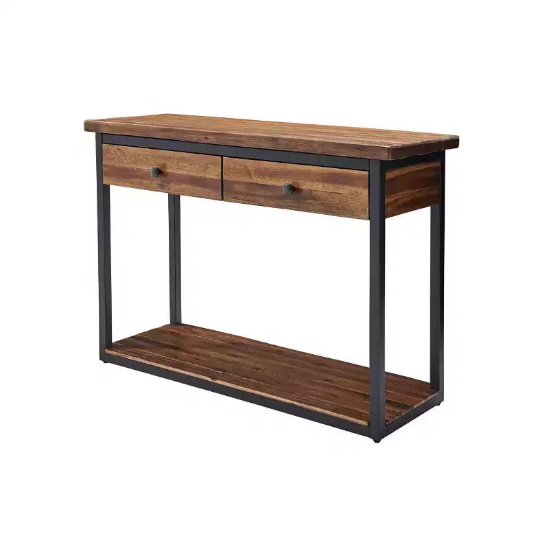 Tavolo Consolle Claremont in Legno Rustico con Due Cassetti e Ripiano Inferiore Marrone Scuro: Stile Industriale, Struttura in Metallo, Mobile Contenitore per Ingresso