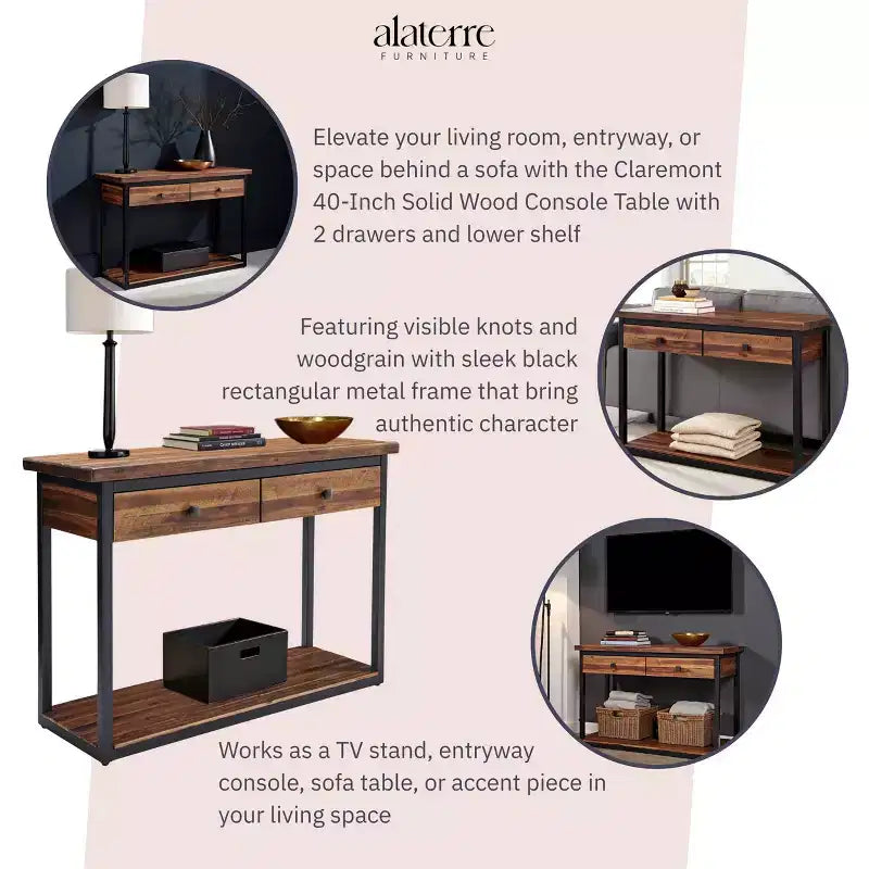 Tavolo Consolle Claremont in Legno Rustico con Due Cassetti e Ripiano Inferiore Marrone Scuro: Stile Industriale, Struttura in Metallo, Mobile Contenitore per Ingresso