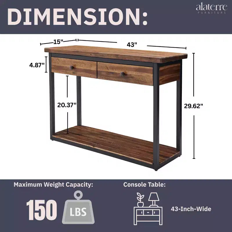 Tavolo Consolle Claremont in Legno Rustico con Due Cassetti e Ripiano Inferiore Marrone Scuro: Stile Industriale, Struttura in Metallo, Mobile Contenitore per Ingresso