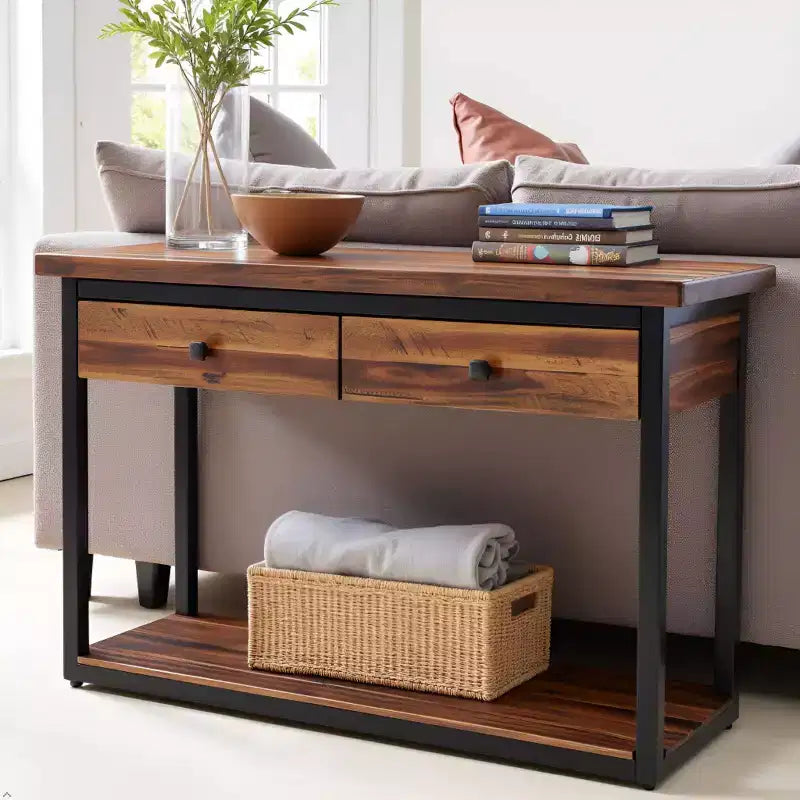 Tavolo Consolle Claremont in Legno Rustico con Due Cassetti e Ripiano Inferiore Marrone Scuro: Stile Industriale, Struttura in Metallo, Mobile Contenitore per Ingresso
