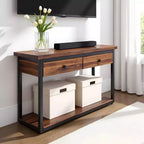 Tavolo Consolle Claremont in Legno Rustico con Due Cassetti e Ripiano Inferiore Marrone Scuro: Stile Industriale, Struttura in Metallo, Mobile Contenitore per Ingresso