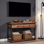 Tavolo Consolle Claremont in Legno Rustico con Due Cassetti e Ripiano Inferiore Marrone Scuro: Stile Industriale, Struttura in Metallo, Mobile Contenitore per Ingresso