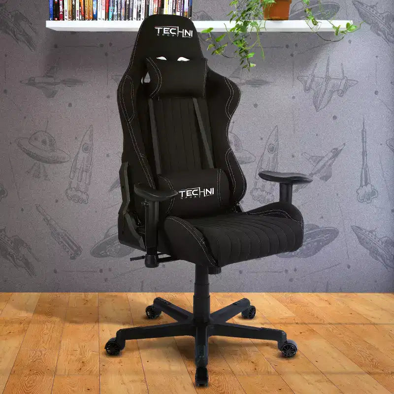 Sedia da gaming in tessuto ergonomica stile racer con schienale alto nera: Ufficio, Girevole, Supporto lombare