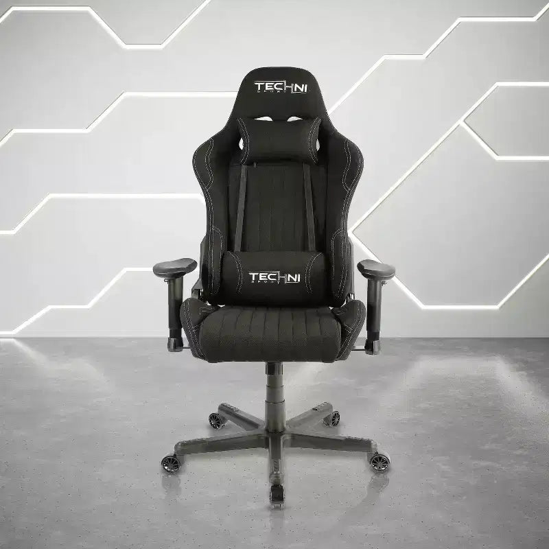 Sedia da gaming in tessuto ergonomica stile racer con schienale alto nera: Ufficio, Girevole, Supporto lombare