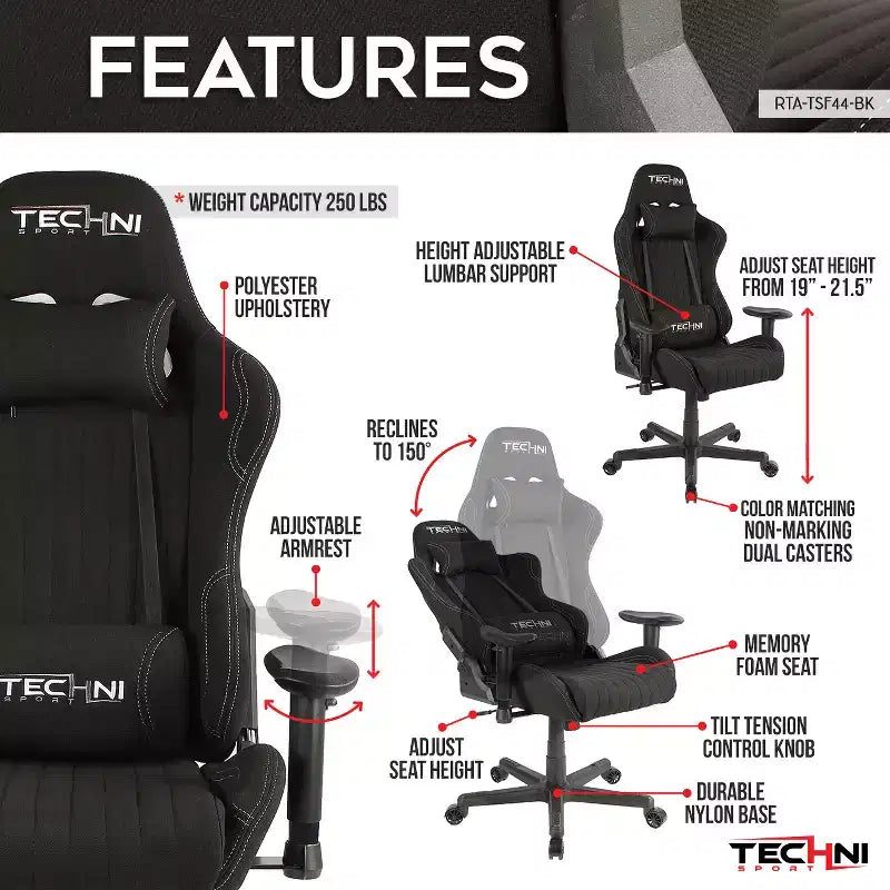 Sedia da gaming in tessuto ergonomica stile racer con schienale alto nera: Ufficio, Girevole, Supporto lombare