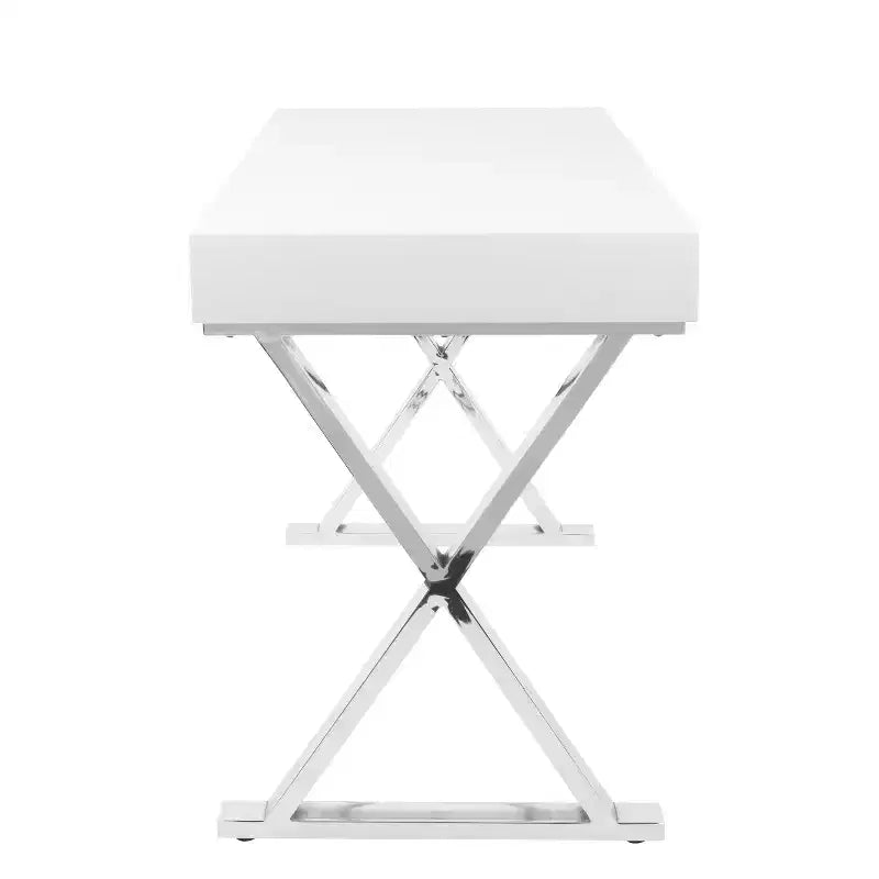 Scrivania contemporanea bianca: gambe a X cromate, MDF, finitura lucida, cassetto estraibile