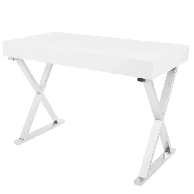 Scrivania contemporanea bianca: gambe a X cromate, MDF, finitura lucida, cassetto estraibile
