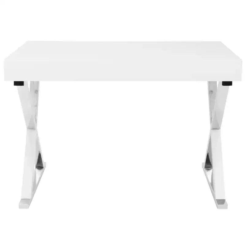 Scrivania contemporanea bianca: gambe a X cromate, MDF, finitura lucida, cassetto estraibile