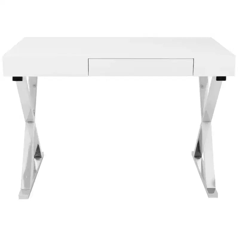 Scrivania contemporanea bianca: gambe a X cromate, MDF, finitura lucida, cassetto estraibile