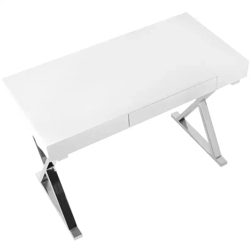 Scrivania contemporanea bianca: gambe a X cromate, MDF, finitura lucida, cassetto estraibile