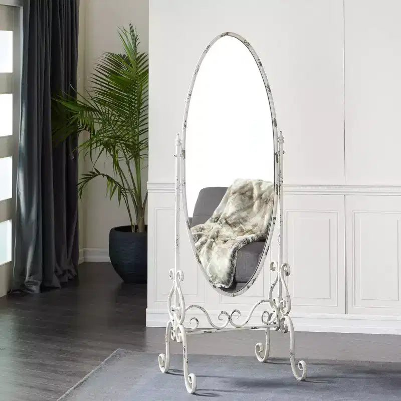 Specchio Consolle Vintage in Metallo Bianco: Specchio Ovale a Piantana, Cornice in Ferro Testurizzato, Per Interni