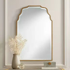 Specchio da Parete Decorativo Rettangolare per Vanity Moderno Smussato Ondulato Ad Arco in Cornice Dorata Anticata Lussuosa 26" di Larghezza per Bagno