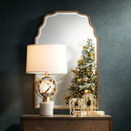 Specchio da Parete Decorativo Rettangolare per Vanity Moderno Smussato Ondulato Ad Arco in Cornice Dorata Anticata Lussuosa 26" di Larghezza per Bagno