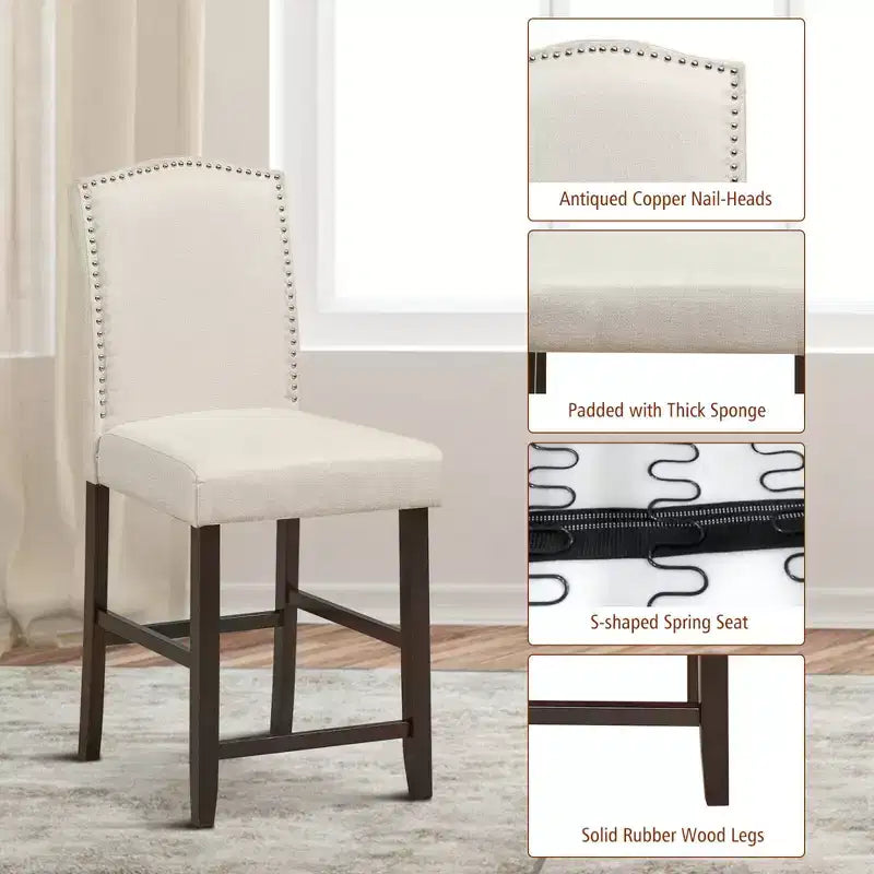 Set di 2 sgabelli da bar in tessuto con borchie, altezza bancone, sedie da pranzo laterali grigio/beige