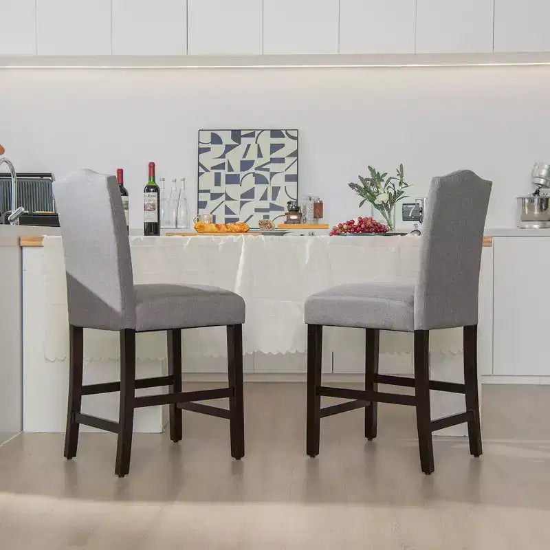 Set di 2 sgabelli da bar in tessuto con borchie, altezza bancone, sedie da pranzo laterali grigio/beige