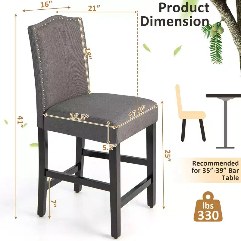 Set di 2 sgabelli da bar in tessuto con borchie, altezza bancone, sedie da pranzo laterali grigio/beige