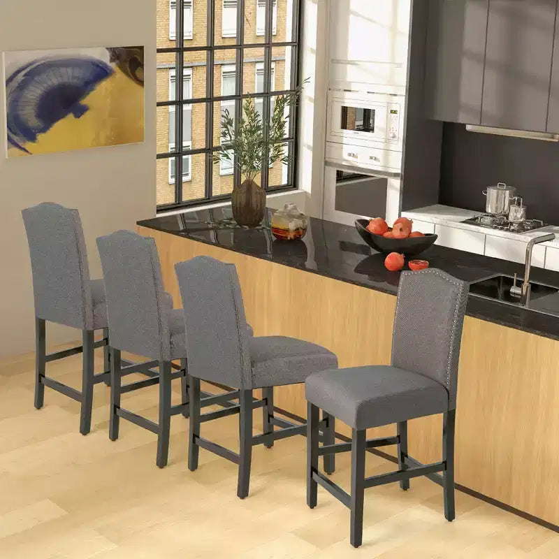 Set di 2 sgabelli da bar in tessuto con borchie, altezza bancone, sedie da pranzo laterali grigio/beige