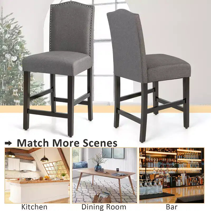 Set di 2 sgabelli da bar in tessuto con borchie, altezza bancone, sedie da pranzo laterali grigio/beige