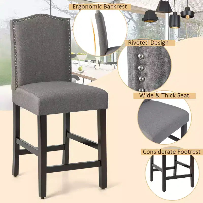 Set di 2 sgabelli da bar in tessuto con borchie, altezza bancone, sedie da pranzo laterali grigio/beige