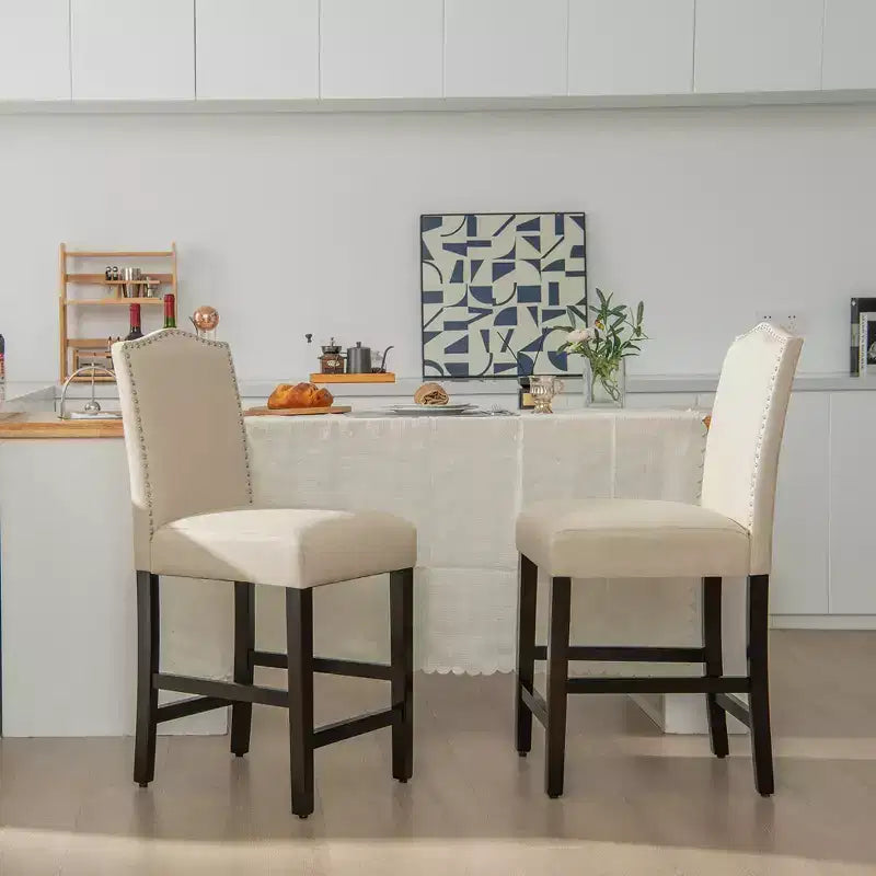 Set di 2 sgabelli da bar in tessuto con borchie, altezza bancone, sedie da pranzo laterali grigio/beige