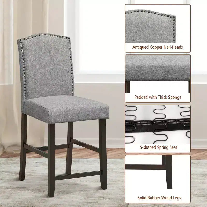 Set di 2 sgabelli da bar in tessuto con borchie, altezza bancone, sedie da pranzo laterali grigio/beige