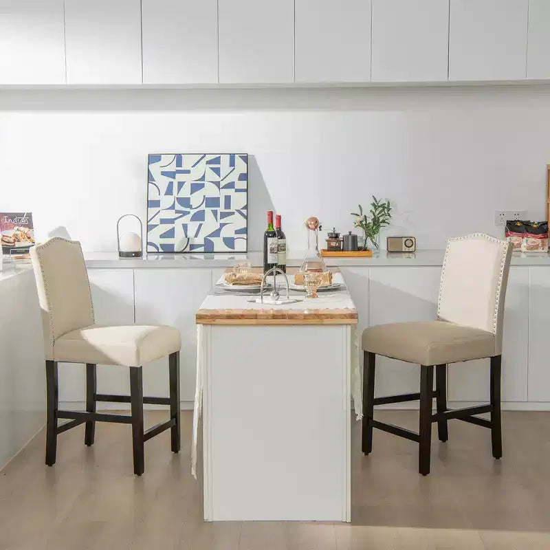 Set di 2 sgabelli da bar in tessuto con borchie, altezza bancone, sedie da pranzo laterali grigio/beige