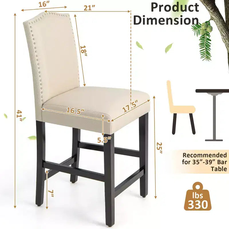 Set di 2 sgabelli da bar in tessuto con borchie, altezza bancone, sedie da pranzo laterali grigio/beige