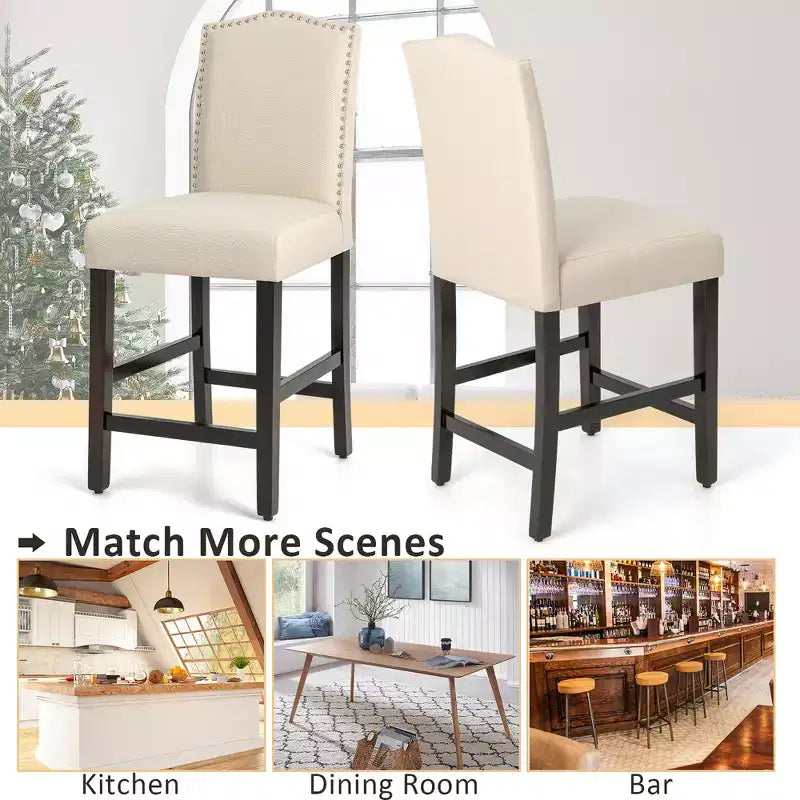 Set di 2 sgabelli da bar in tessuto con borchie, altezza bancone, sedie da pranzo laterali grigio/beige