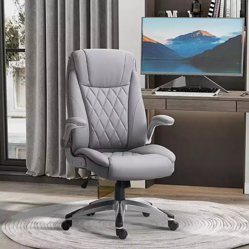 Sedia da ufficio ergonomica girevole a 360° con schienale alto e braccioli ribaltabili, sedia a dondolo da scrivania in similpelle, grigia