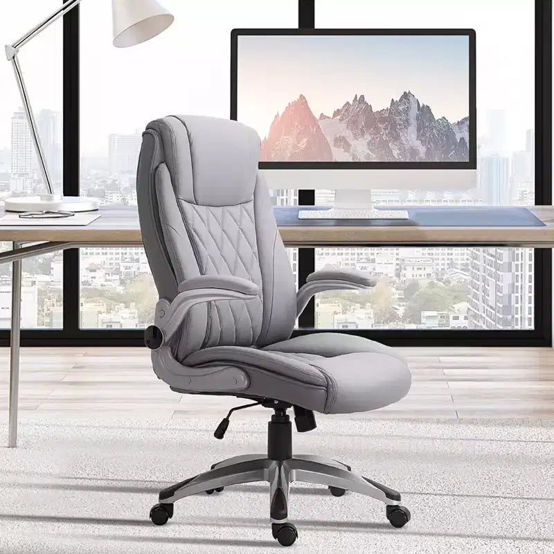 Sedia da ufficio ergonomica girevole a 360° con schienale alto e braccioli ribaltabili, sedia a dondolo da scrivania in similpelle, grigia