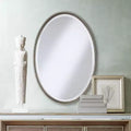 Specchio da parete decorativo ovale da toilette con bordo smussato e cornice in metallo spazzolato color nichel, larghezza 22, per bagno, camera da letto, salotto
