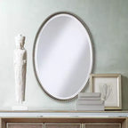 Specchio da parete decorativo ovale da toilette con bordo smussato e cornice in metallo spazzolato color nichel, larghezza 22, per bagno, camera da letto, salotto