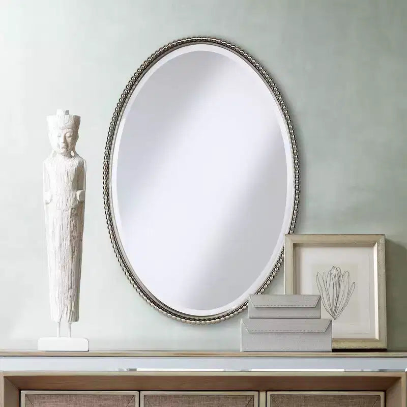 Specchio da parete decorativo ovale da toilette con bordo smussato e cornice in metallo spazzolato color nichel, larghezza 22, per bagno, camera da letto, salotto