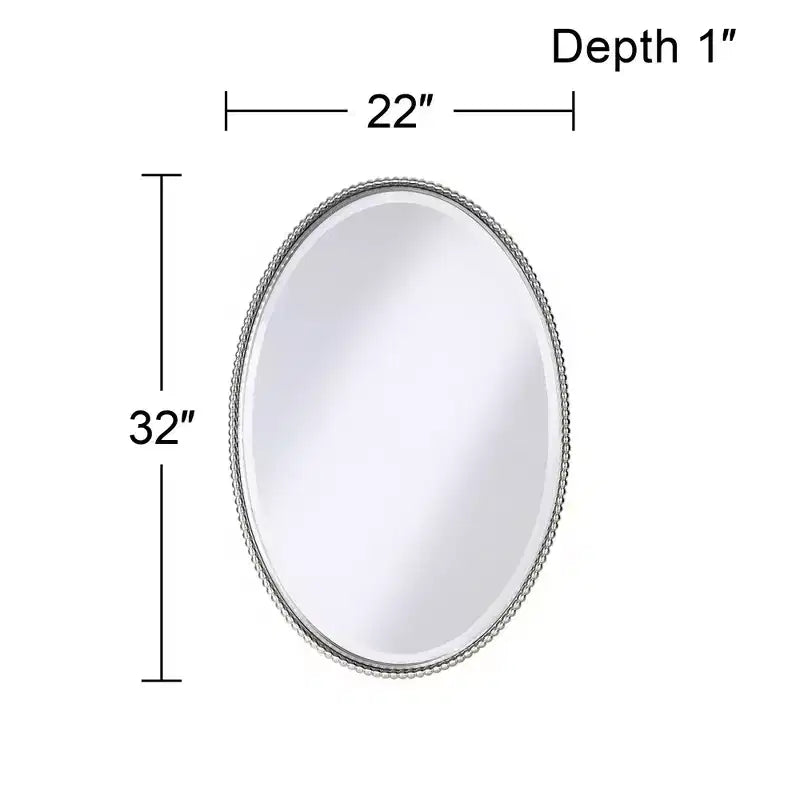Specchio da parete decorativo ovale da toilette con bordo smussato e cornice in metallo spazzolato color nichel, larghezza 22, per bagno, camera da letto, salotto